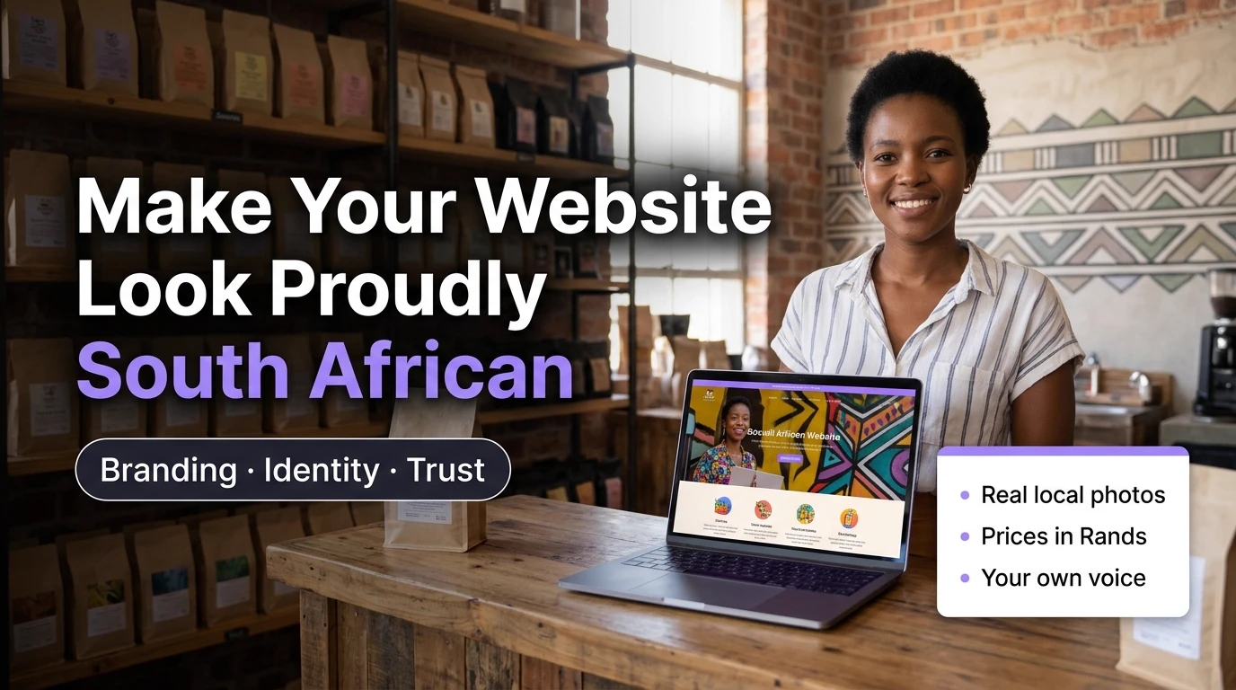 South African coffee roastery owner standing at her counter in Johannesburg beside a laptop showing her locally branded website
